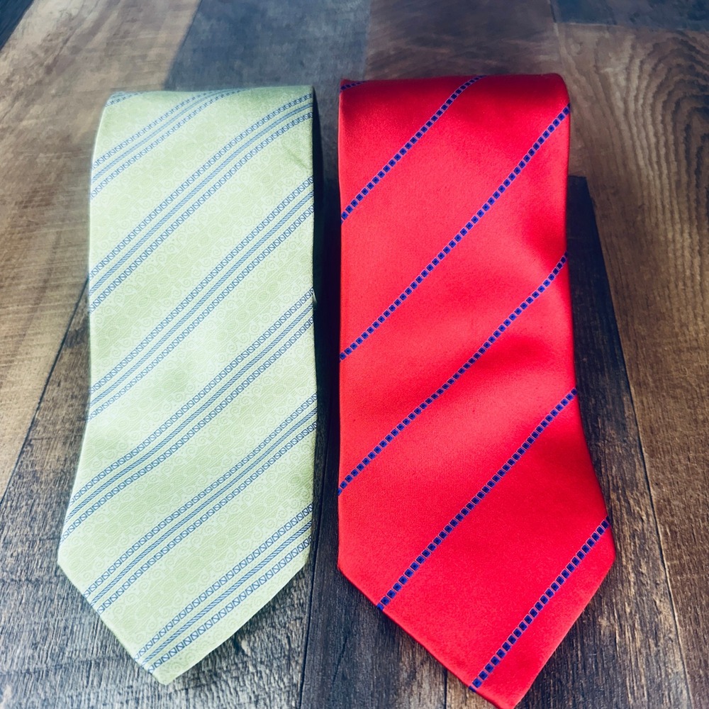 Dolcepunta Silk Tie Set Red Green Striped Handmade Italy Mens Necktie 2pc